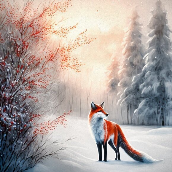 8x8 Or 8x10 Majestic Fox Winter Landscape Watercolor Oil‎ Painting Art Print - Picture 7 of 7